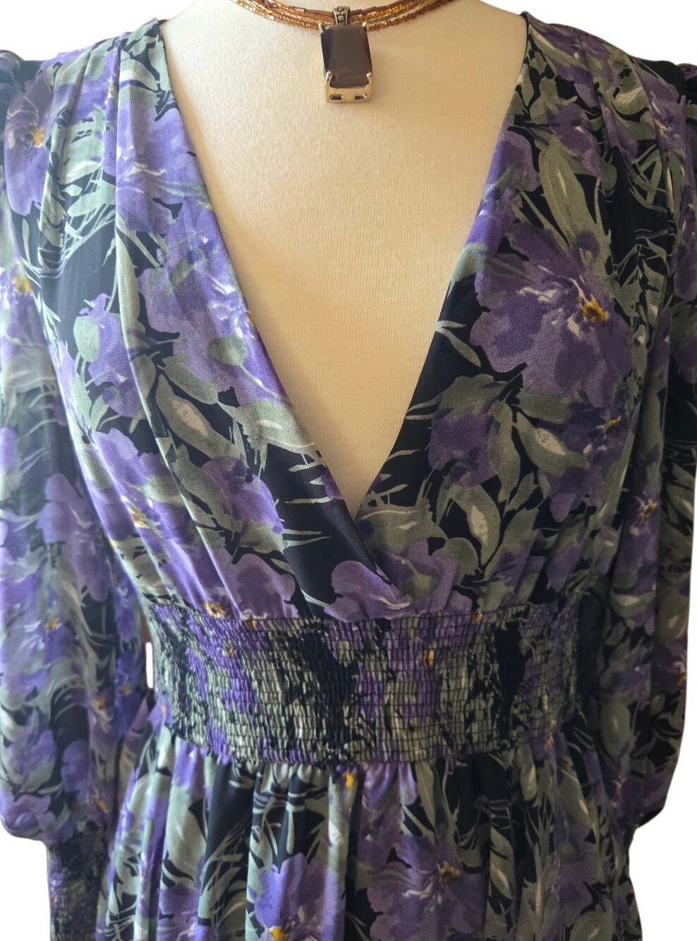 Shein Floral Purple V-Neck Smocked Waist Dress